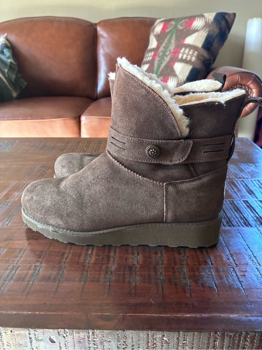 BearPaw Hattie Brown Suede Shearling Ankle Boots